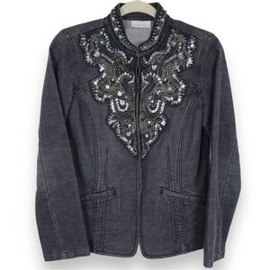 Chico’s | Black Denim Jacket Beaded Denim Stretch Sequins Mandarin Collar Size 1